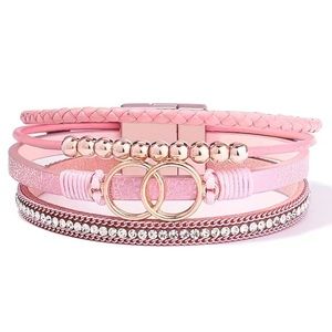 Pink Leather Multi Layer Circle Crystal Magnetic Bracelet